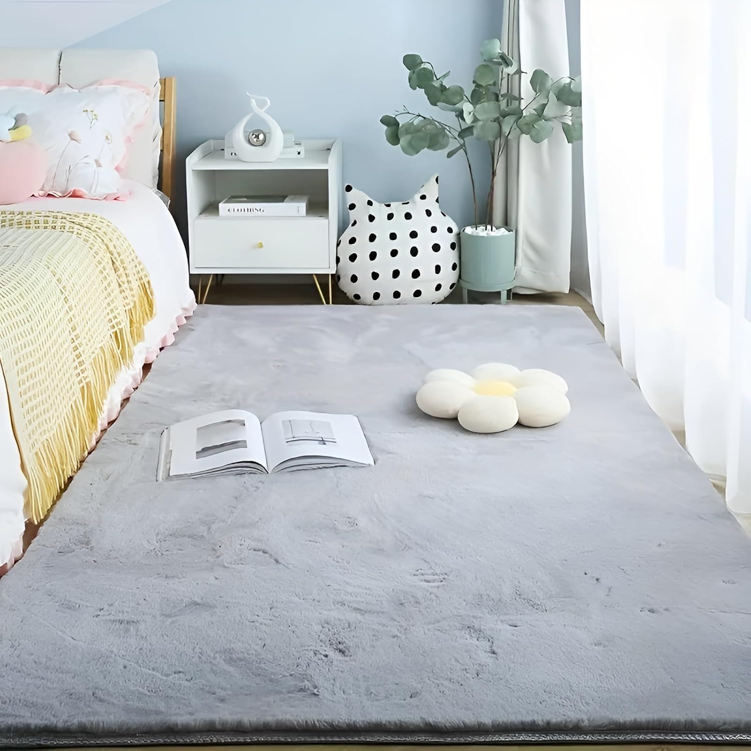 Alt Text: Grey soft faux rabbit fur carpet for bedroom and living room décor by Prisha Cart
