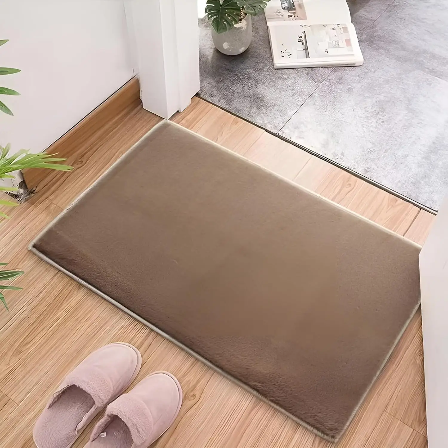 Brown soft faux rabbit fur rug placed near doorway for bedroom and home décor by Prisha Cart