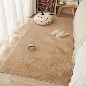 Camel soft faux rabbit fur carpet placed in cozy bedroom by Prisha Cart