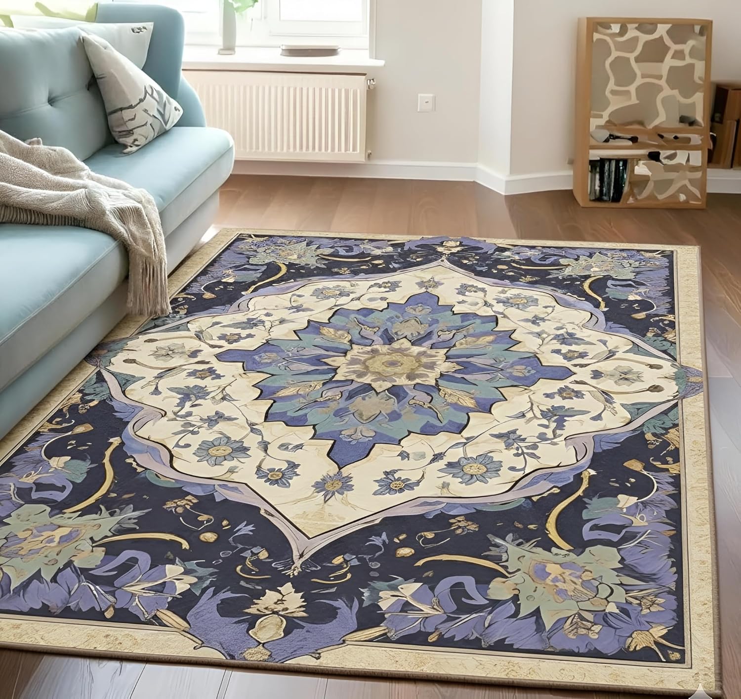 Blue Lotus blue and beige floral medallion 3D printed carpet by Prisha Cart