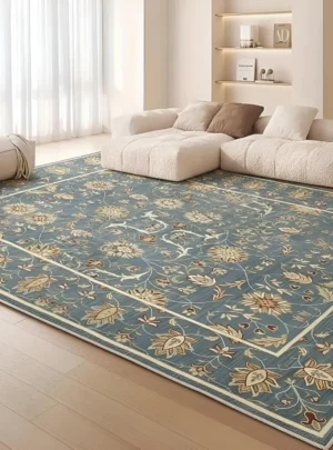 Indigo Vintage blue floral 3D printed carpet in living room by Prisha Cart