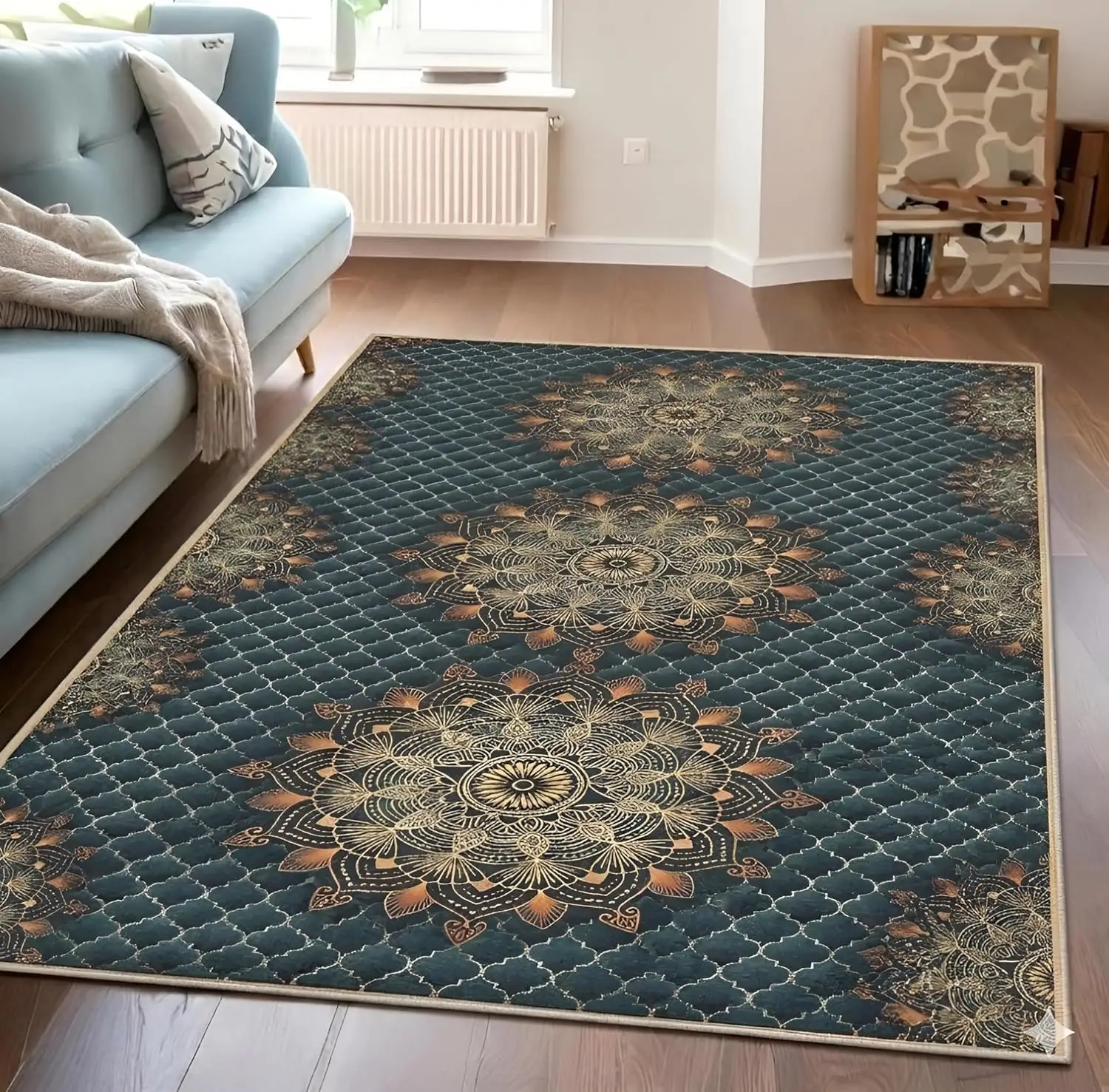 Royal Heritage dark green and gold medallion 3D printed carpet by Prisha Cart