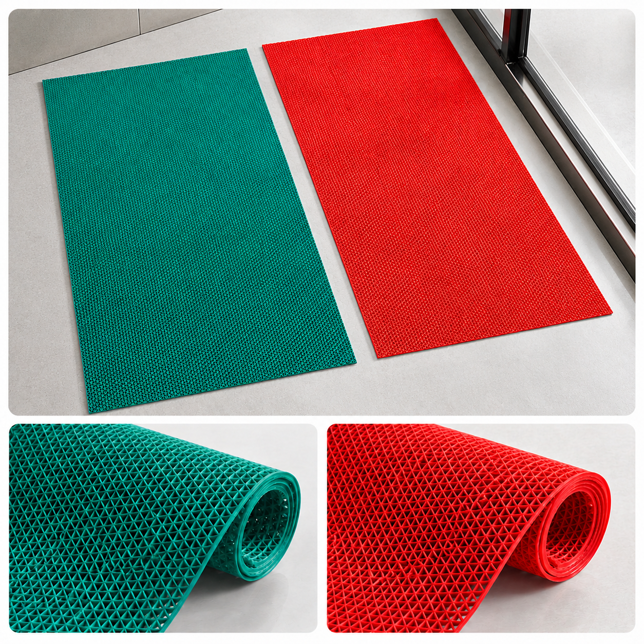 Red and aqua rubber anti-skid multipurpose mats with drainage texture for bathroom and wet areas by Prisha Cart