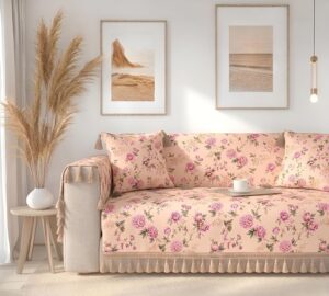 Prisha Cart Luxury Sofa Cover - Premium Heavy Fabric 1 Seater Sofa Cover with 2 Handle Covers,Traditional Living Room Couch Protector (Blush Bloom, 1 Seater)