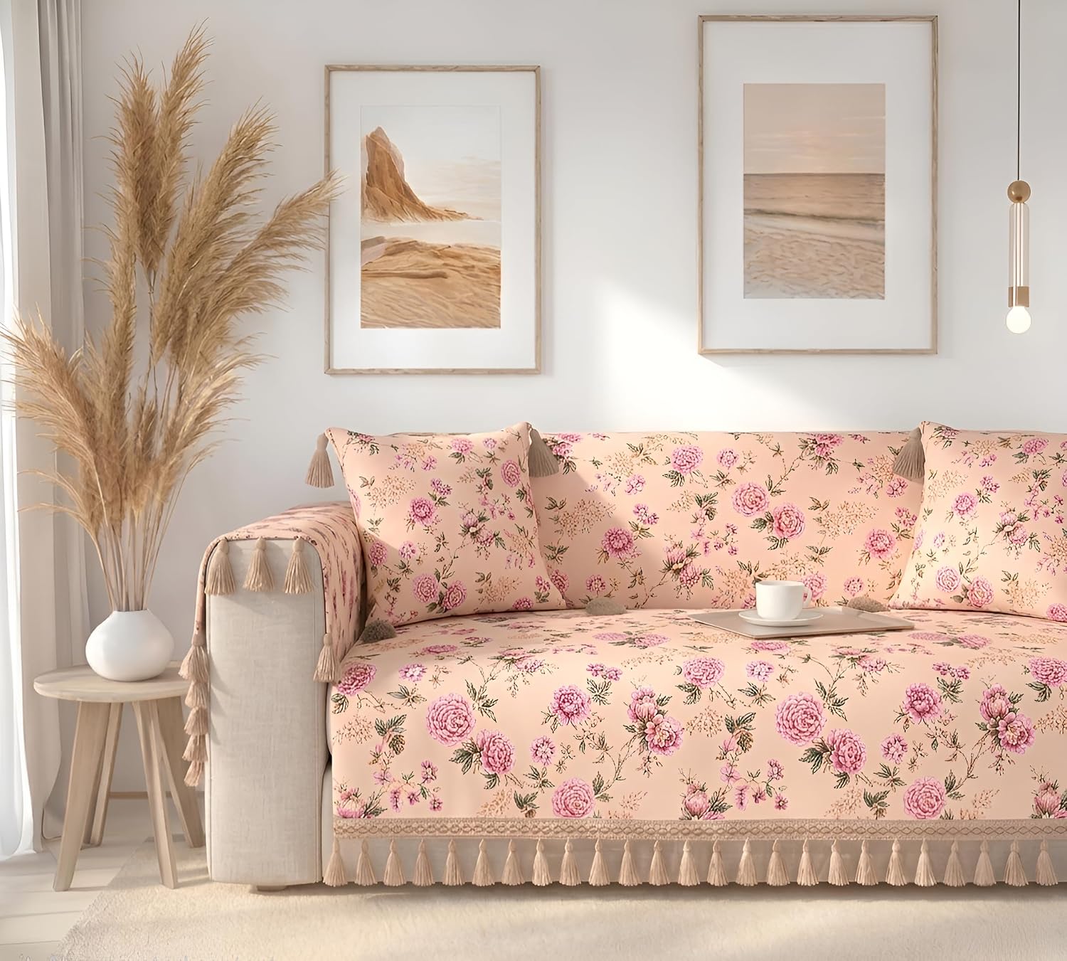 Prisha Cart Luxury Sofa Cover - Premium Heavy Fabric 1 Seater Sofa Cover with 2 Handle Covers,Traditional Living Room Couch Protector (Blush Bloom, 1 Seater)