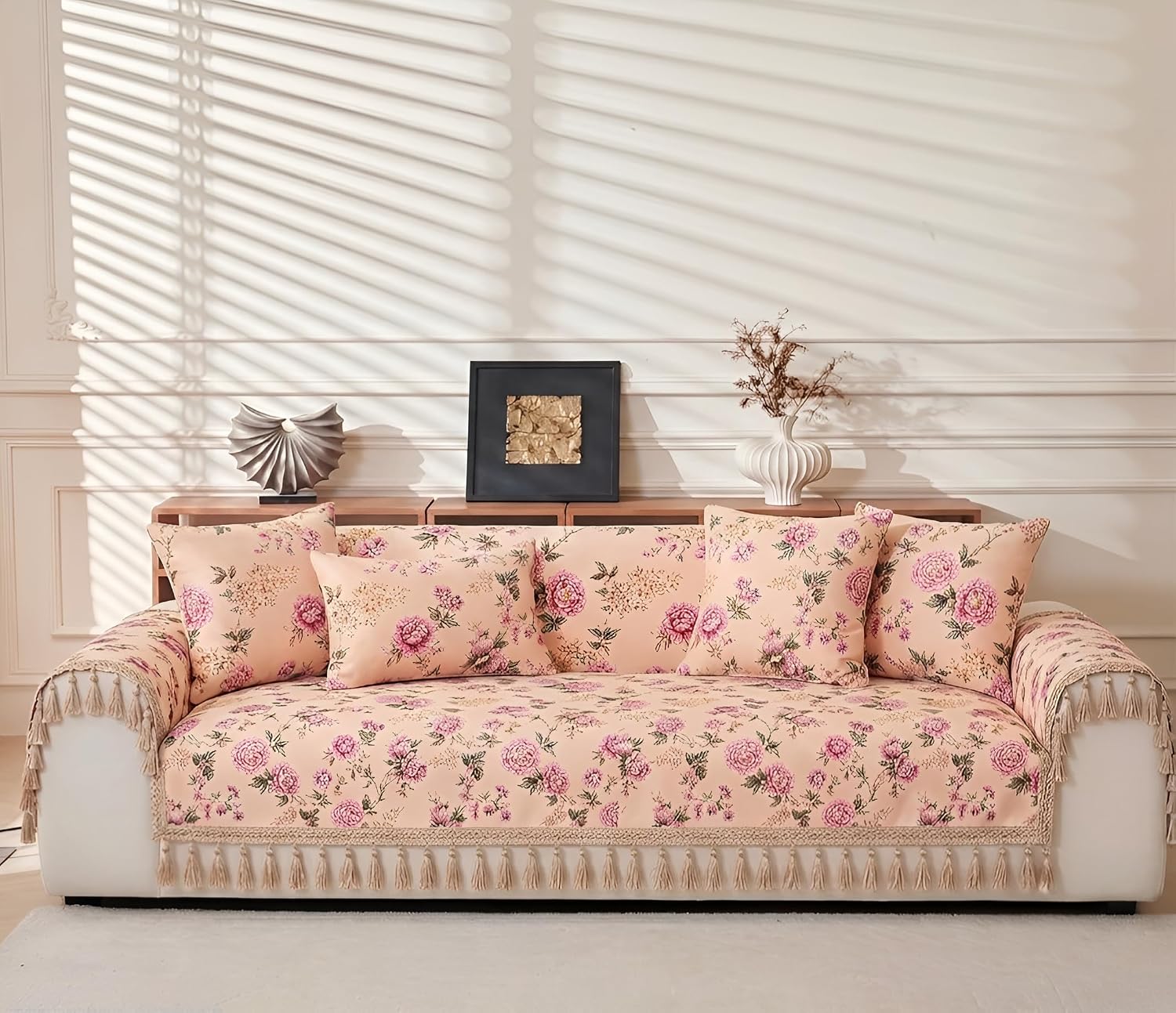 Prisha Cart Luxury Sofa Cover - Premium Heavy Fabric 1 Seater Sofa Cover with 2 Handle Covers,Traditional Living Room Couch Protector (Blush Bloom, 1 Seater) - Image 3