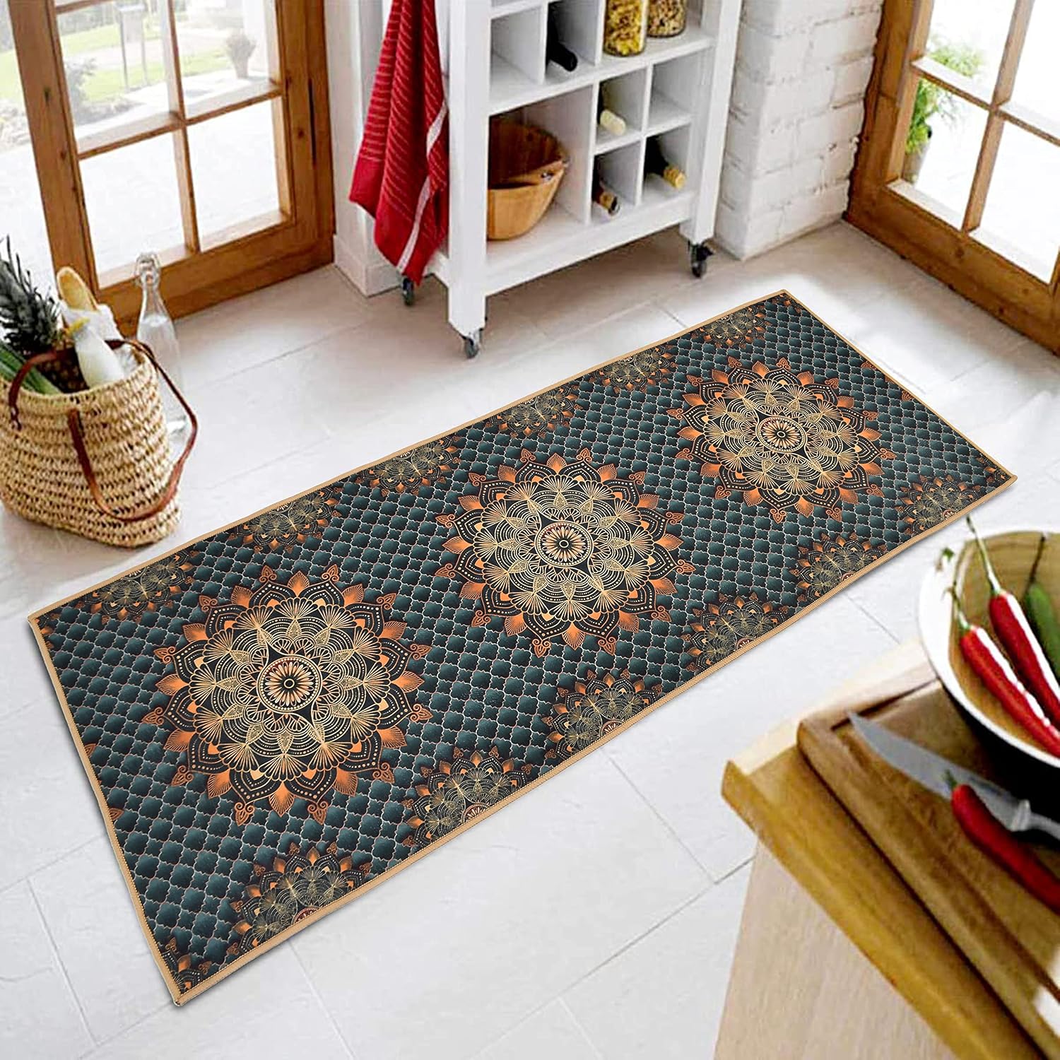 Prisha Cart 3D Printed Bedside Runner Carpet Anti Skid –Rangoli, 22x55 Inches
